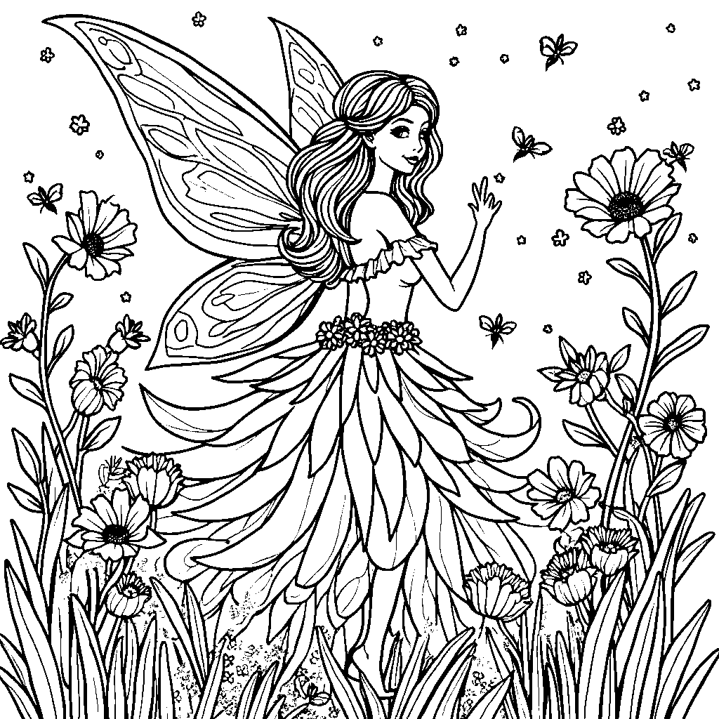 Flower fairy surrounded by a garden of colorful blooms