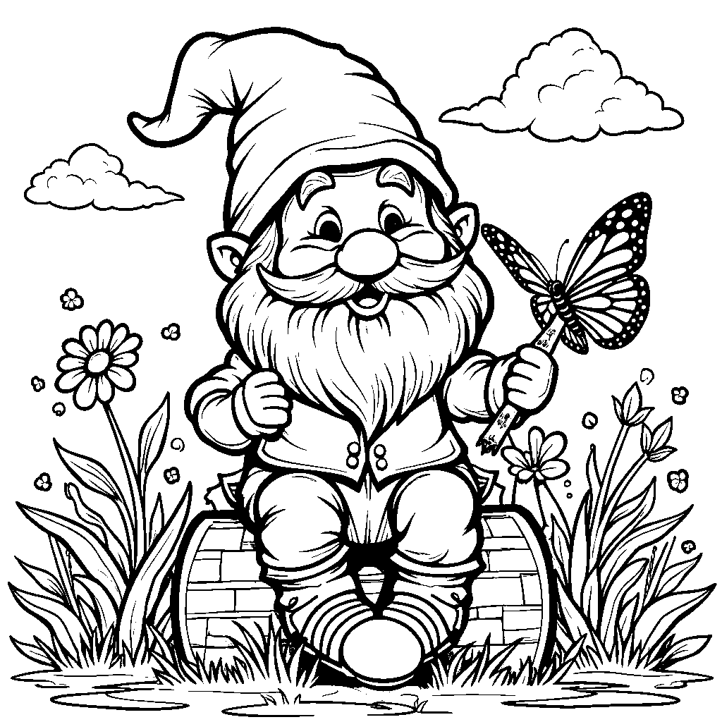 Garden gnome riding a butterfly through a flower garden