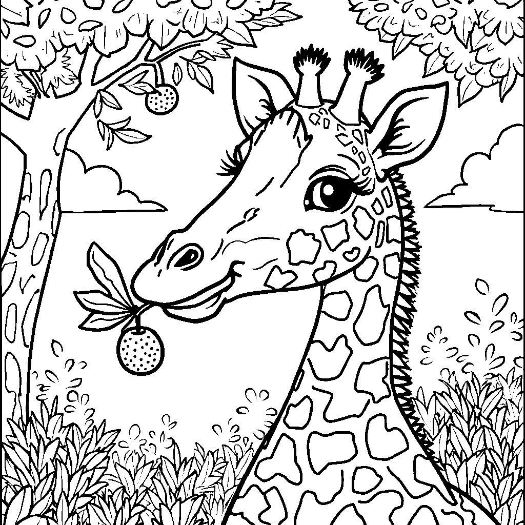 Giraffe eating leaves from a tree filled with colorful fruits