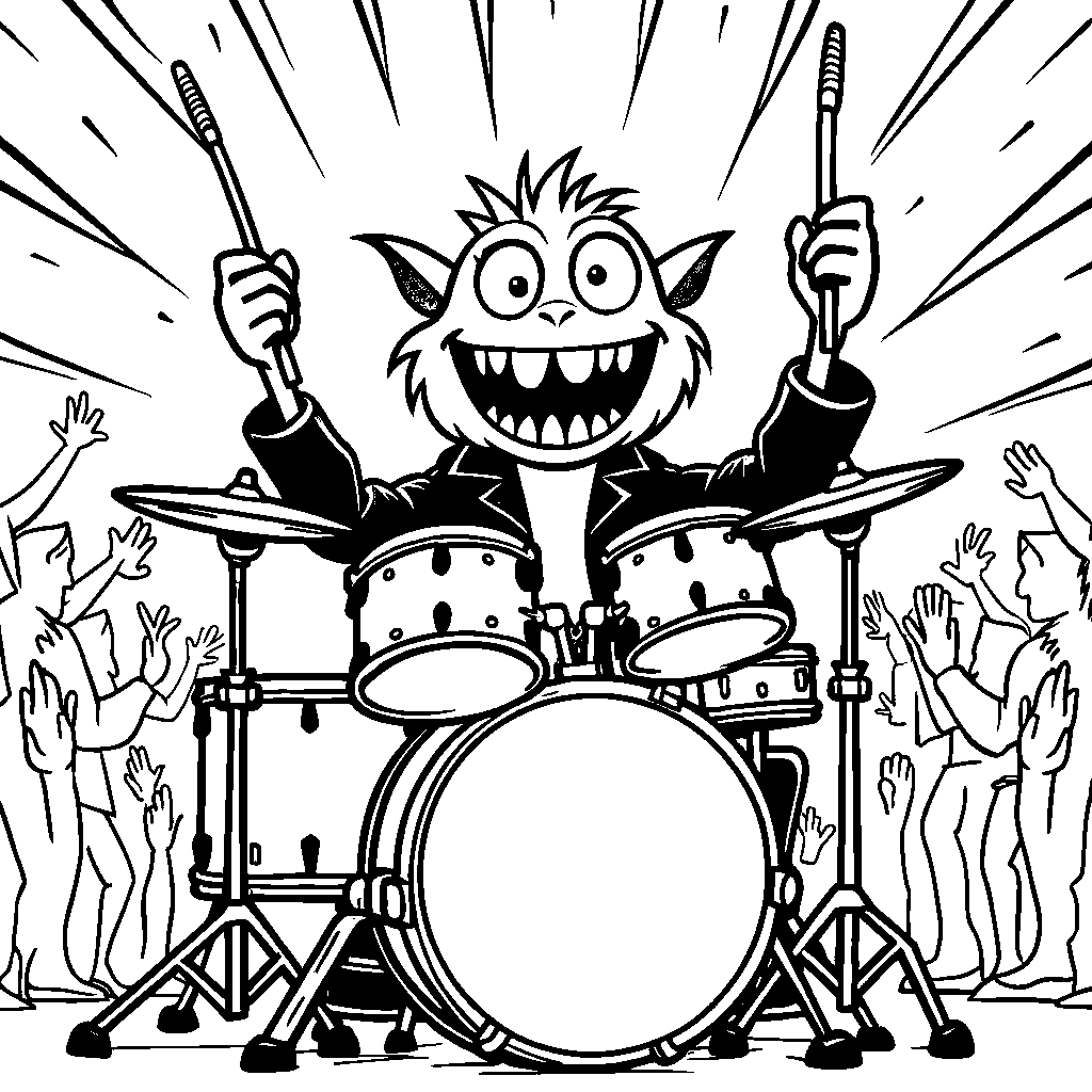 Happy monster playing drums in a rock band