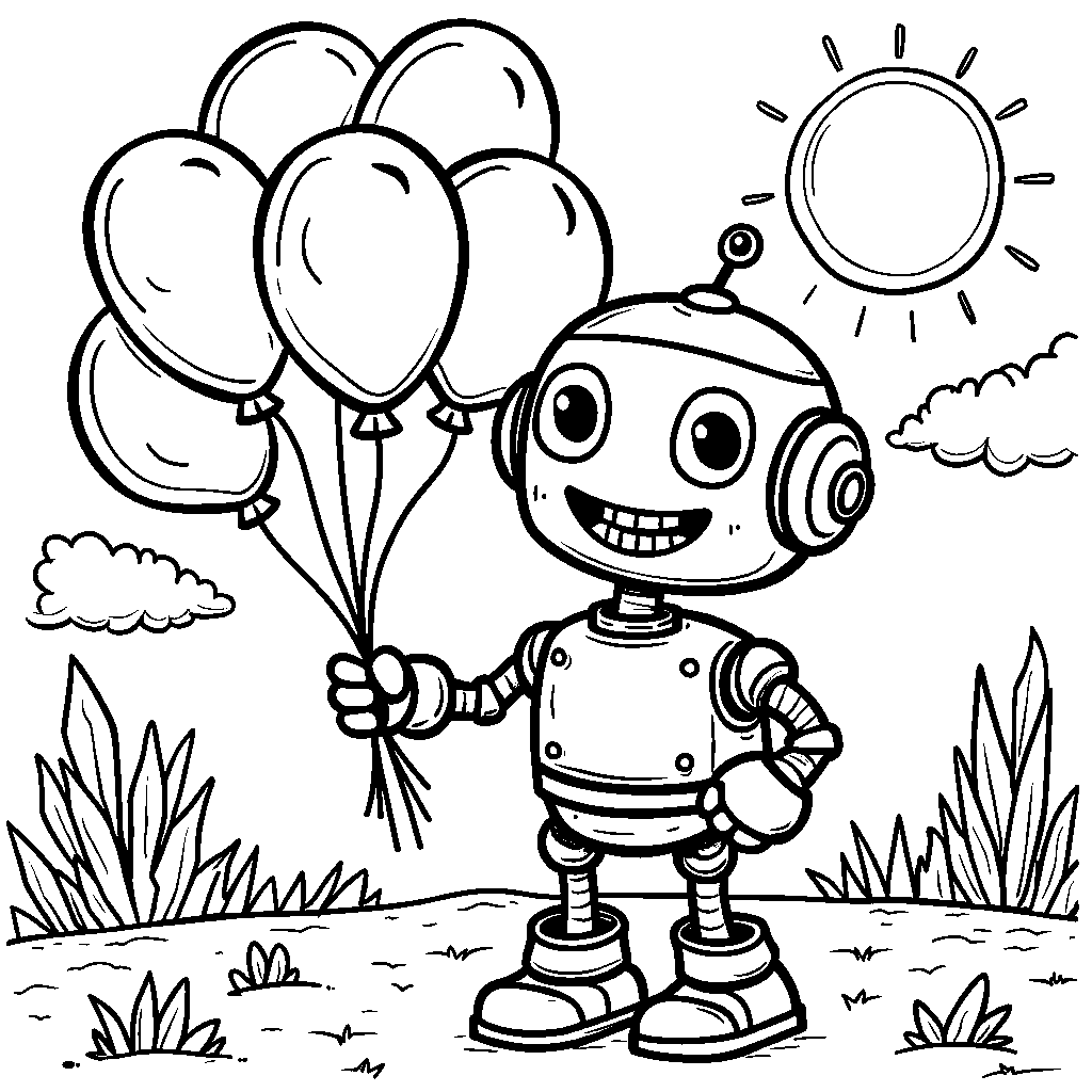 Happy robot holding a bouquet of balloons