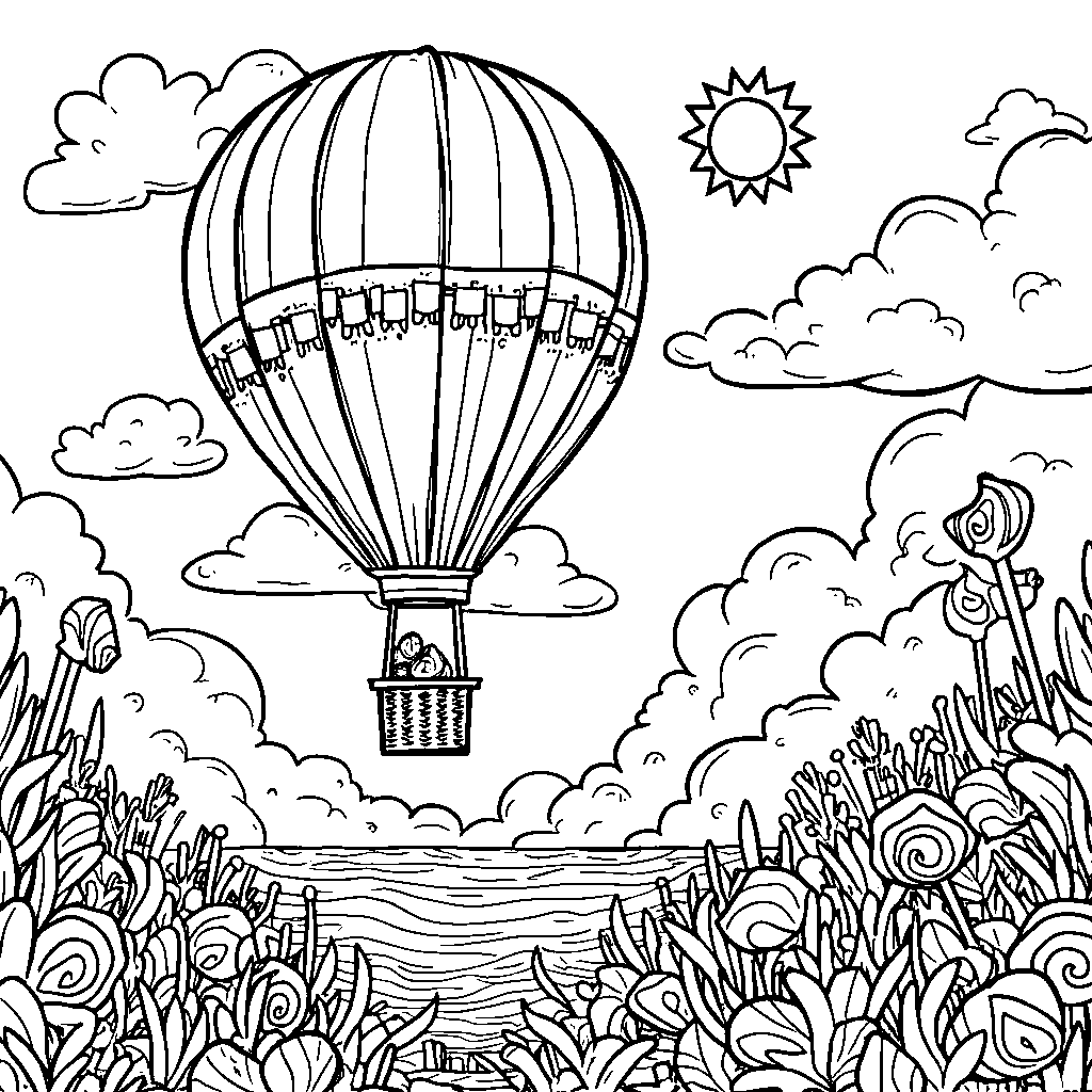 Hot air balloon flying over a landscape of candy