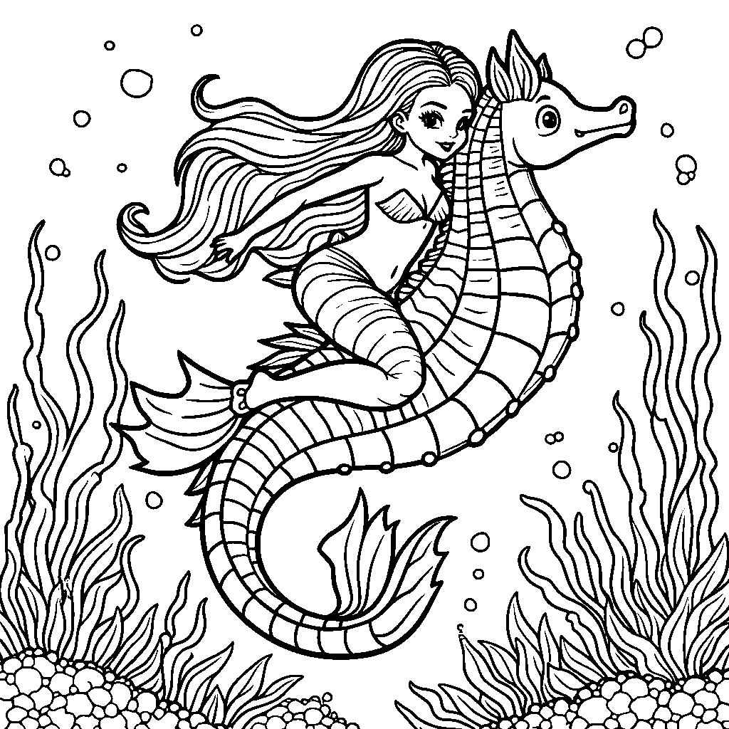 Mermaid riding a seahorse through an ocean of bubbles