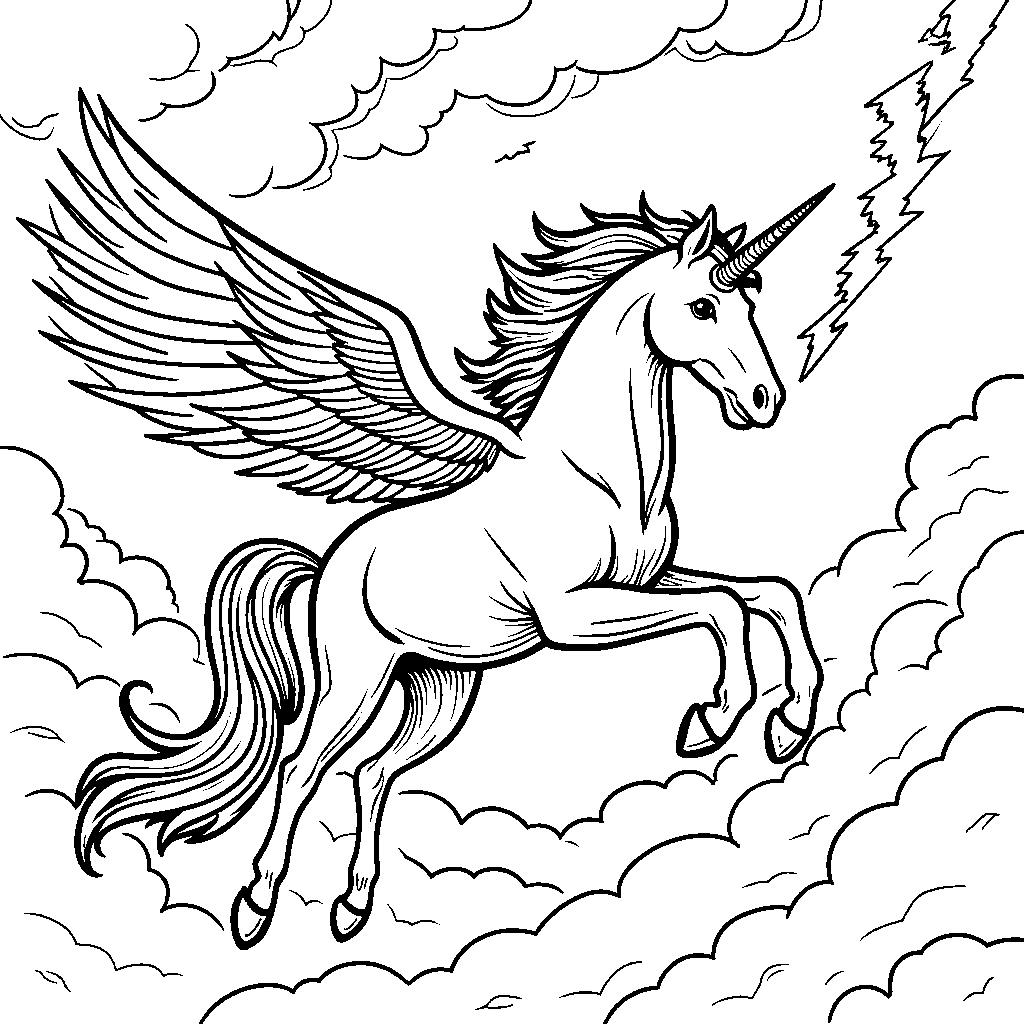 Pegasus flying through a stormy sky with lightning