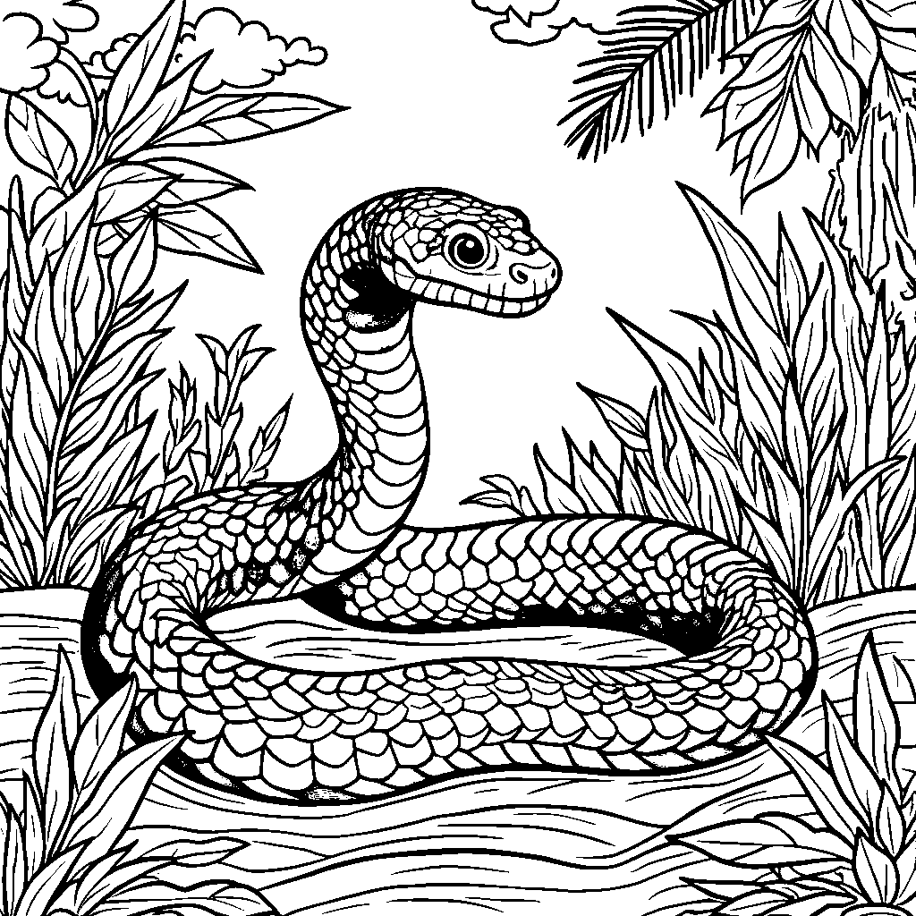 Rainbow-colored snake slithering through a jungle