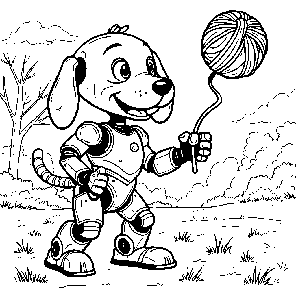 Robot dog playing fetch with a ball of yarn