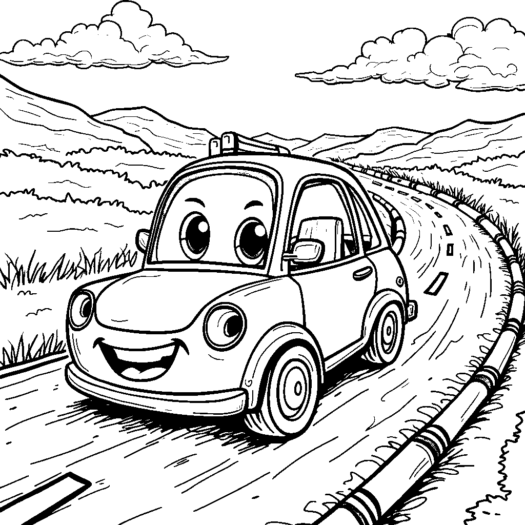 Smiling car driving on a road made of crayons