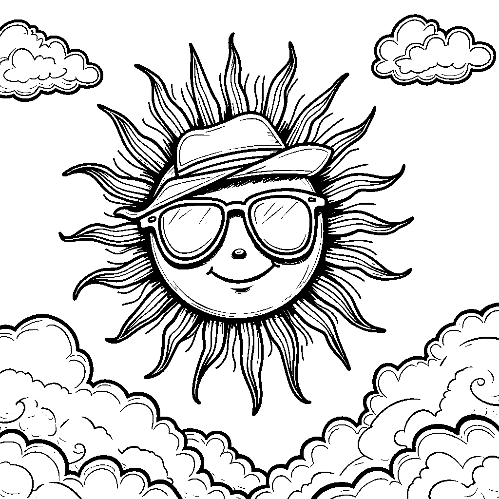 Smiling sun wearing sunglasses and a hat