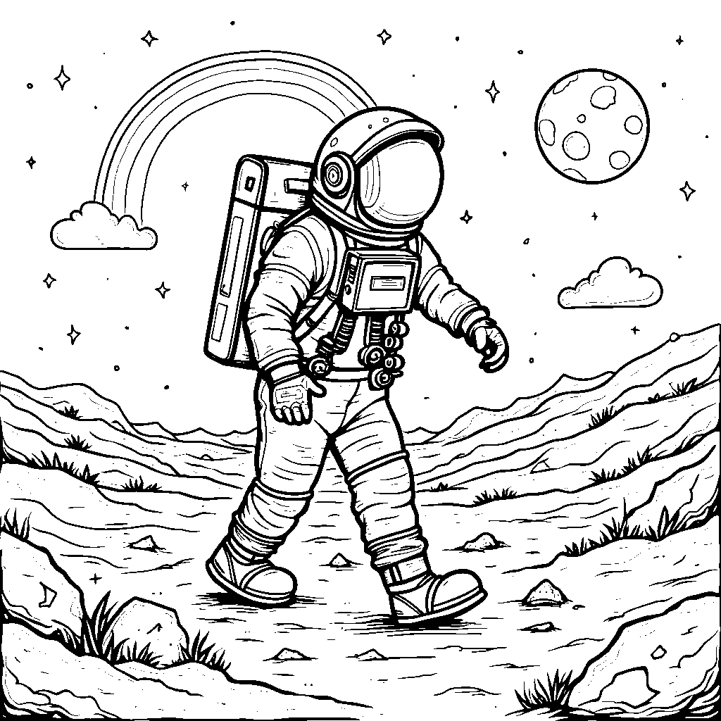 Space explorer walking on the moon with a rainbow trail