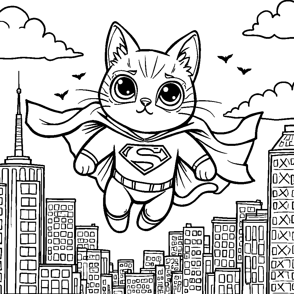 Superhero cat flying through the city sky