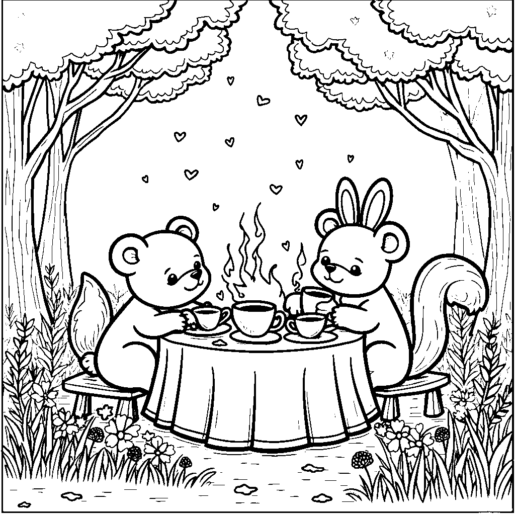 Tea party with animal friends in a whimsical forest