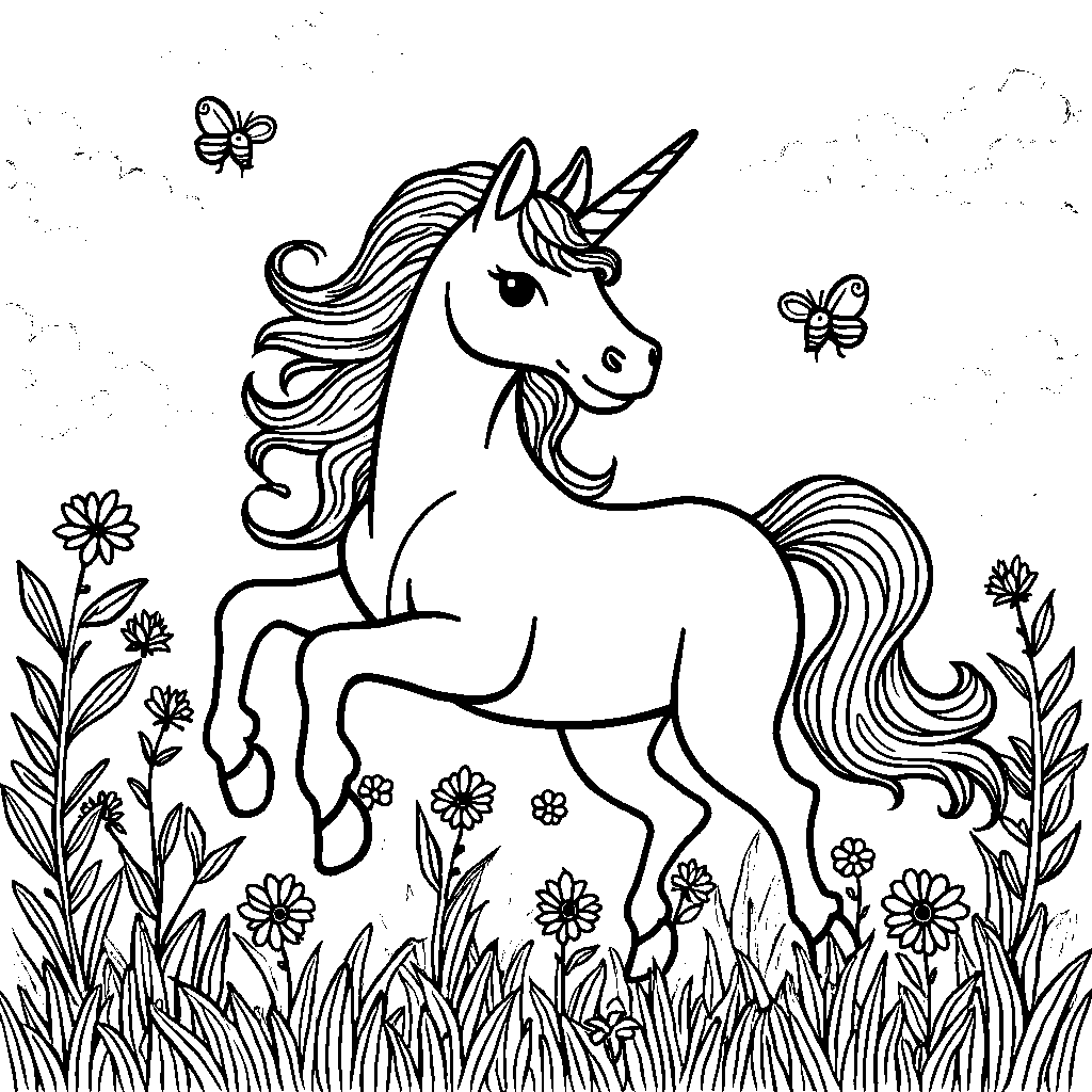 Unicorn prancing through a field of wildflowers