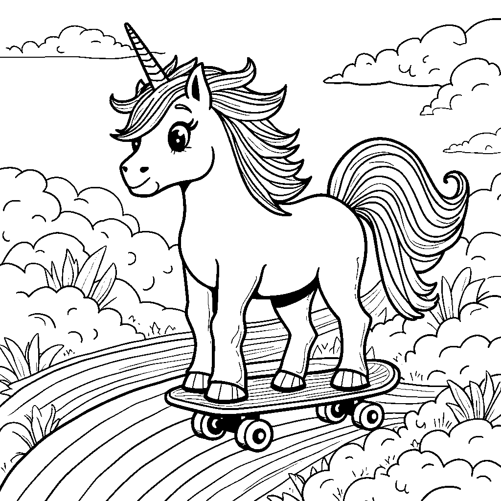 Unicorn riding a skateboard on a rainbow road