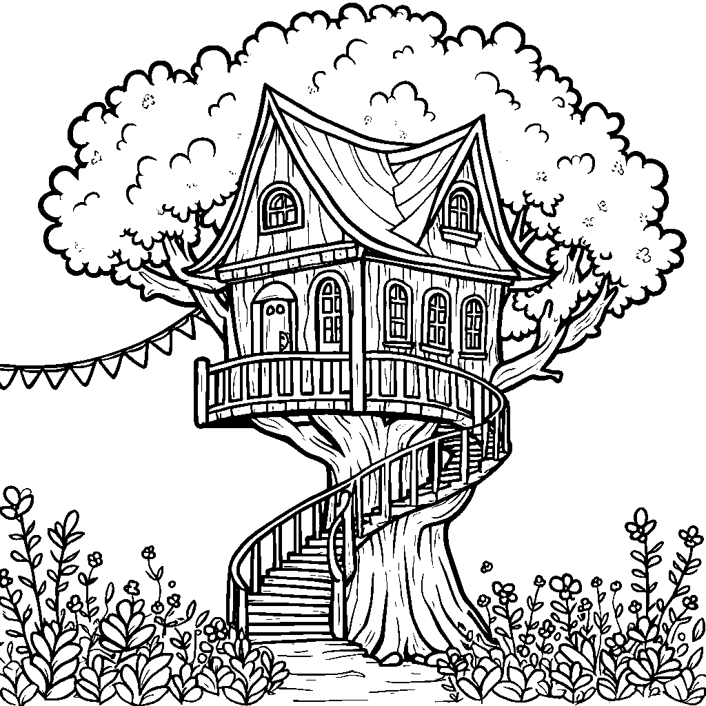 Whimsical treehouse with a winding staircase and flags