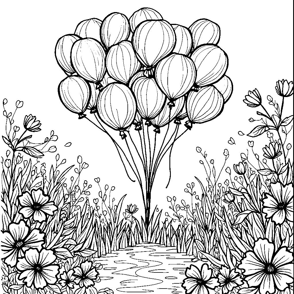 a bouquet of balloons floating above a garden party