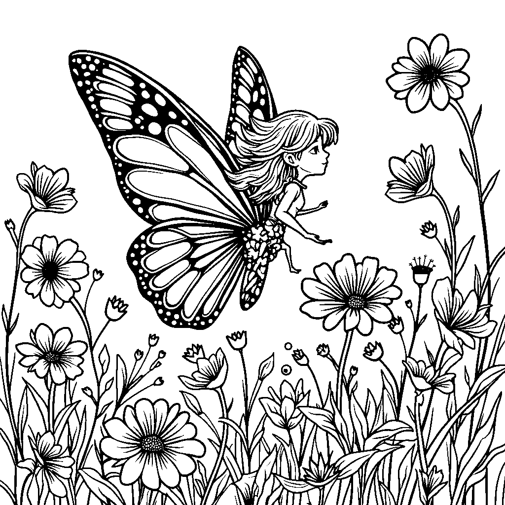 A flower fairy riding on the back of a butterfly