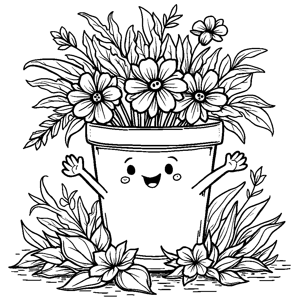 A flower pot with a smiling face and arms and legs