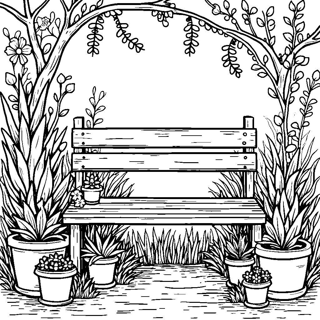 A garden bench surrounded by potted plants and flowers