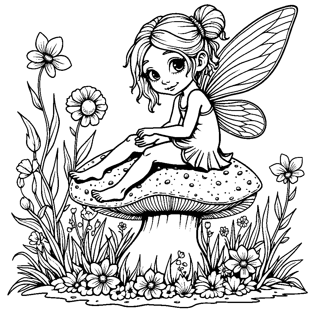 a garden fairy sitting on a toadstool amidst flowers