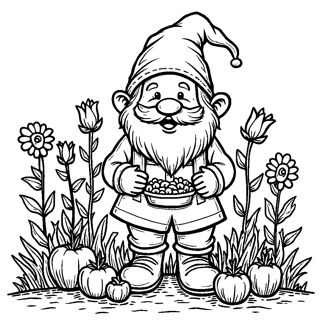 a garden gnome tending to a miniature vegetable patch