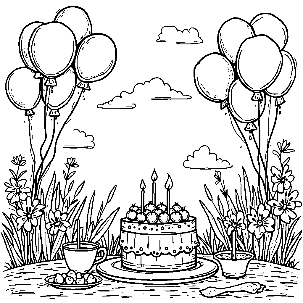 A garden party with balloons, streamers, and treats