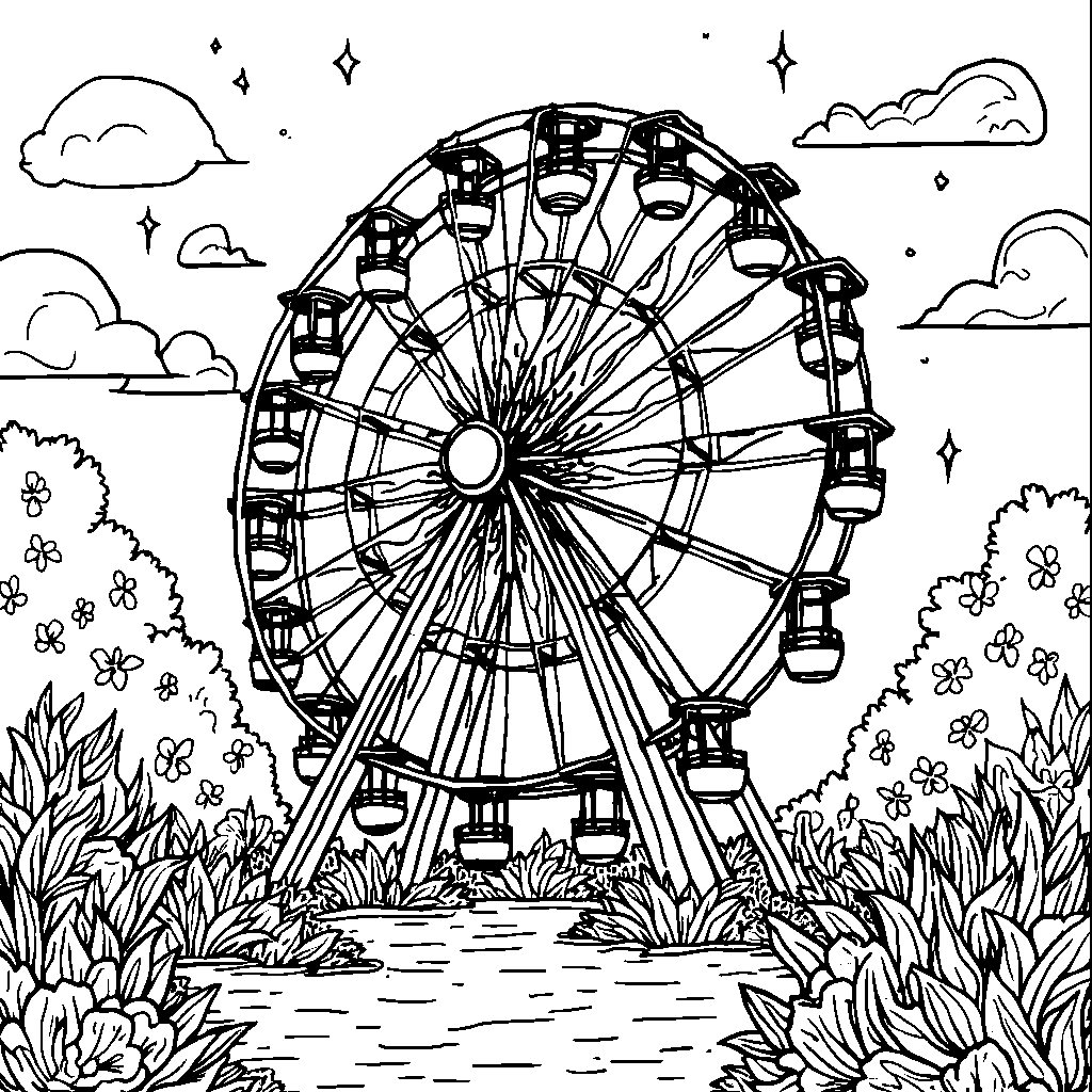 A garden scene with a fun, colorful Ferris wheel