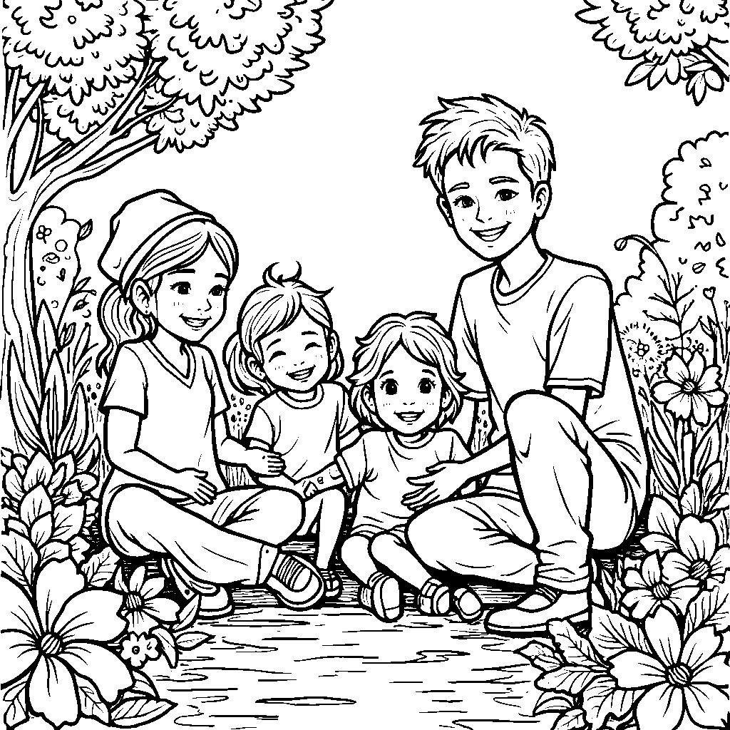 A garden scene with a happy family playing together