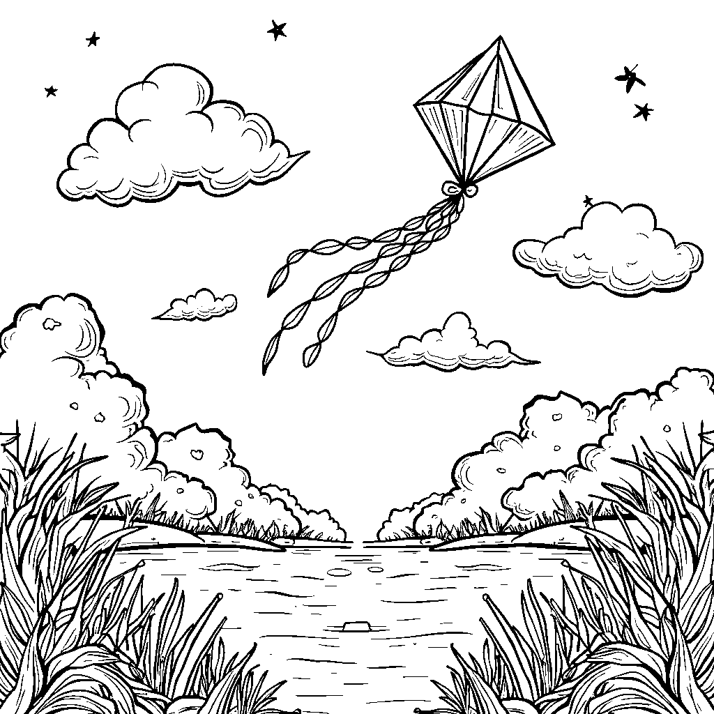 a garden scene with a kite flying high in the sky