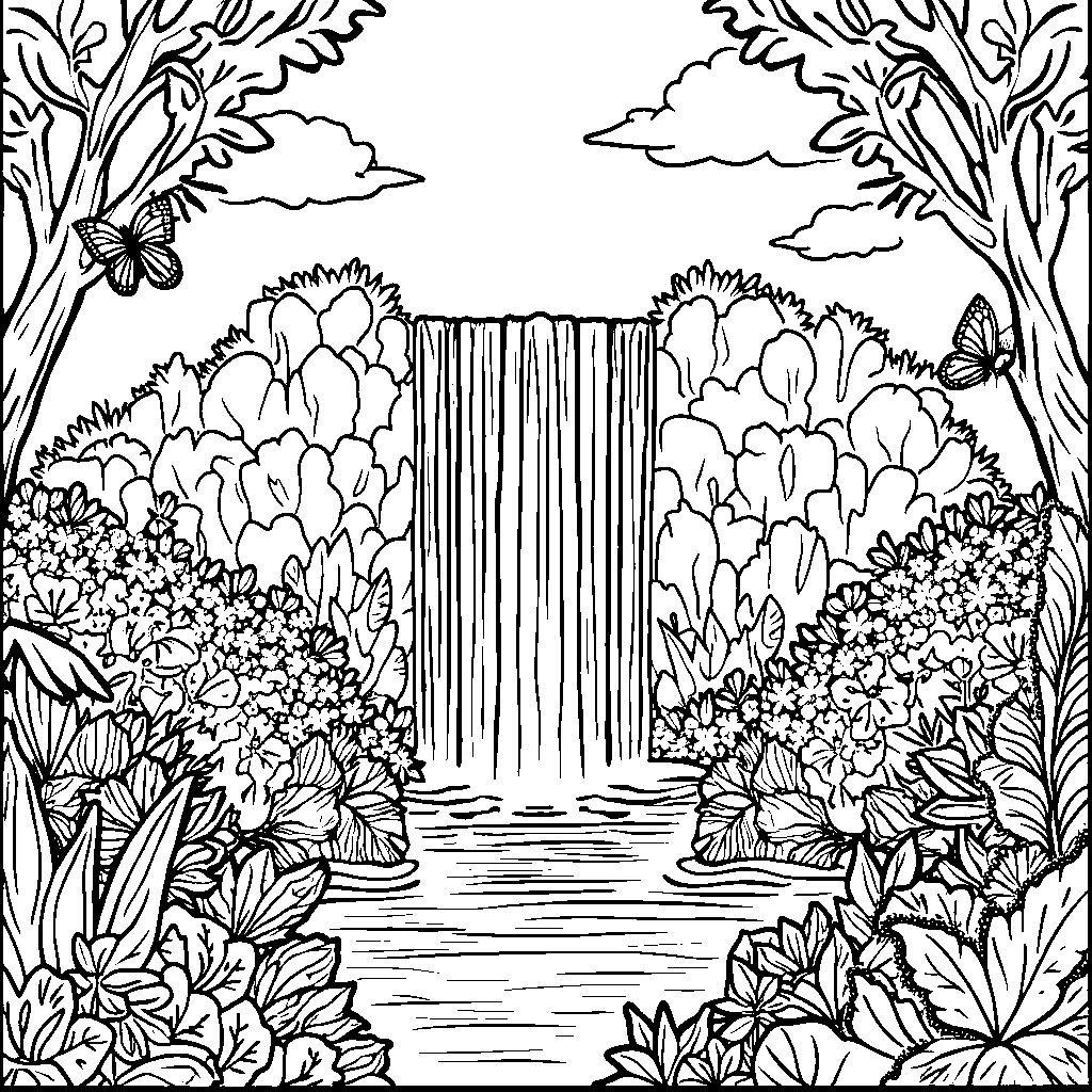 A garden scene with a rainbow-colored waterfall