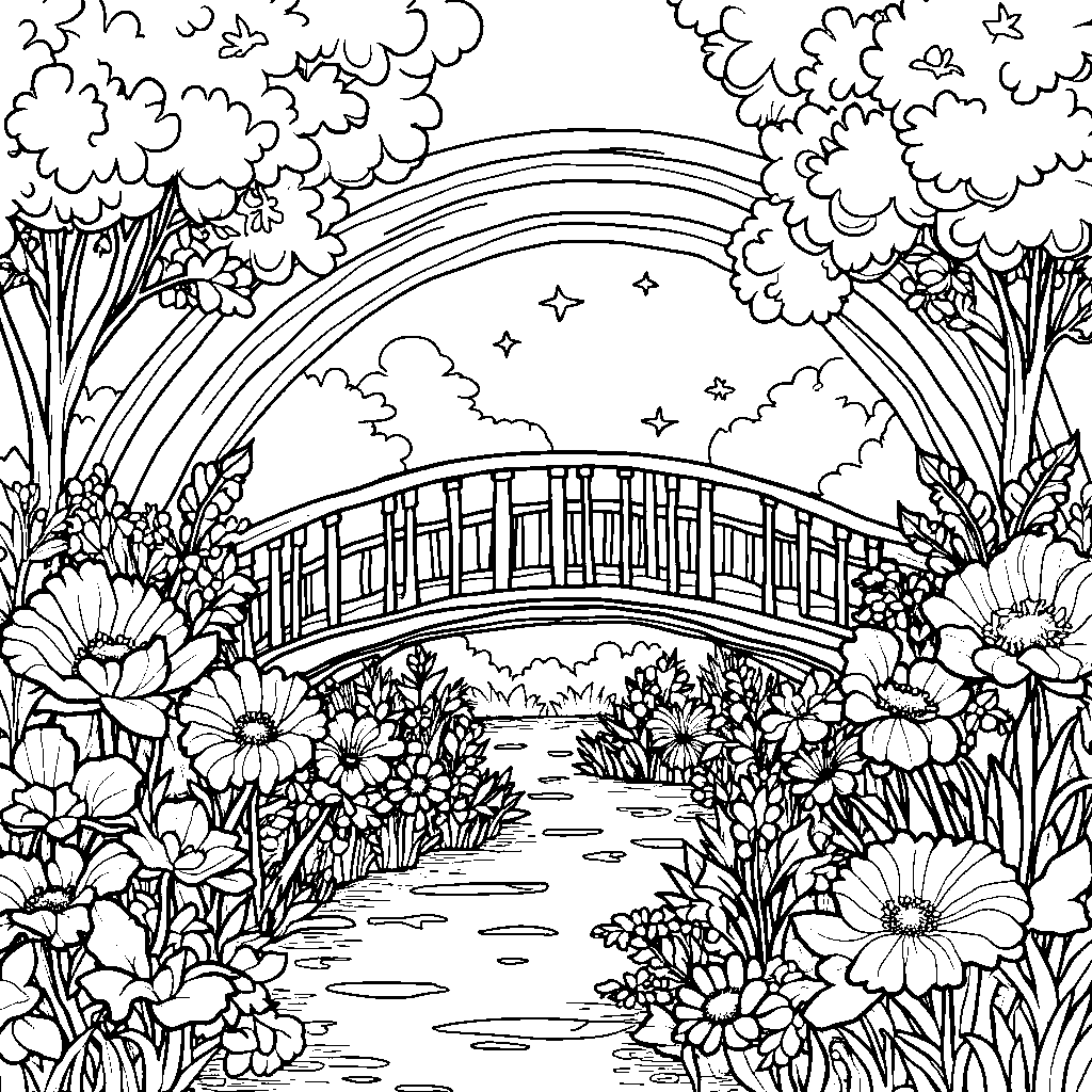 A garden with a beautiful, shimmering rainbow bridge