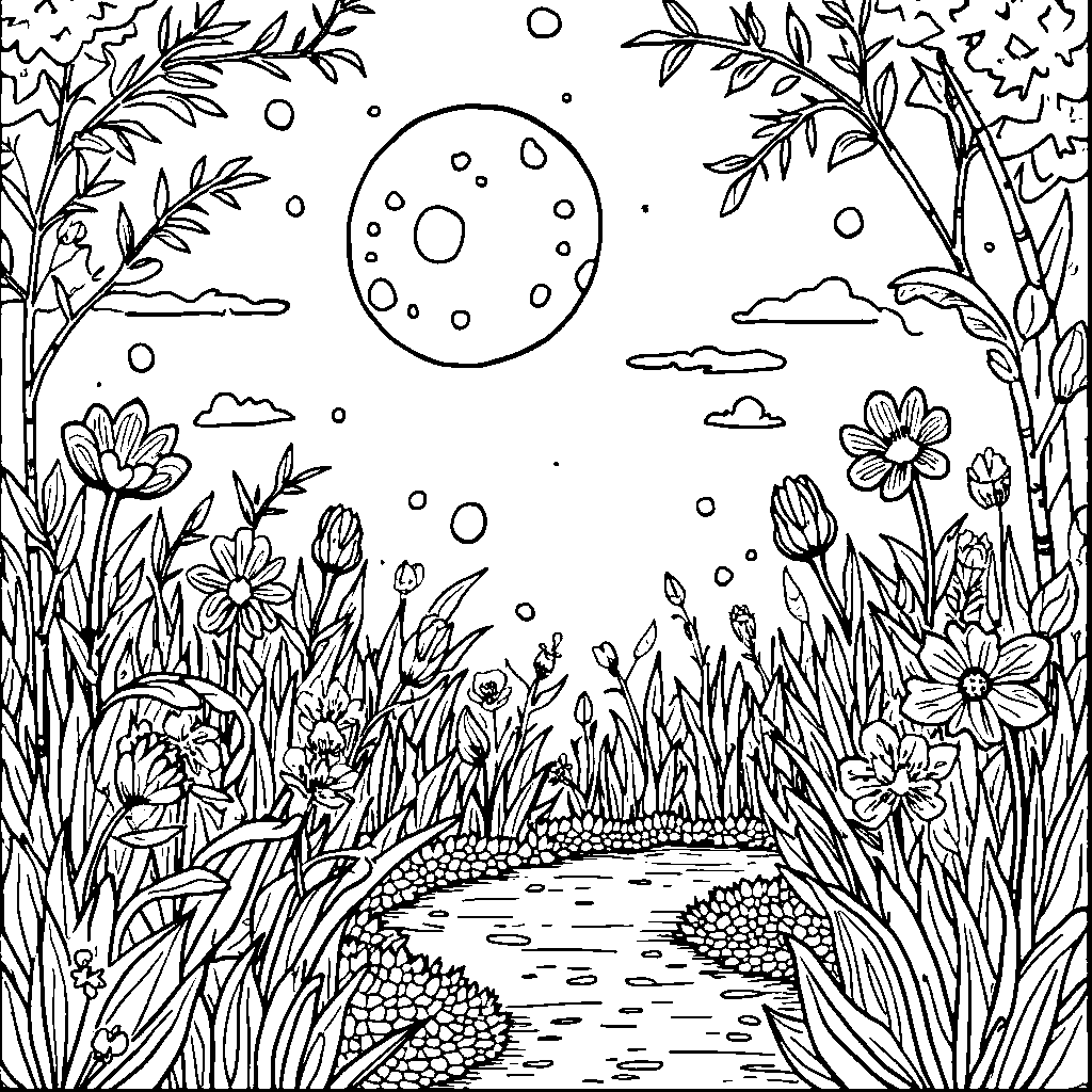 A garden with a magical, glowing moon at night