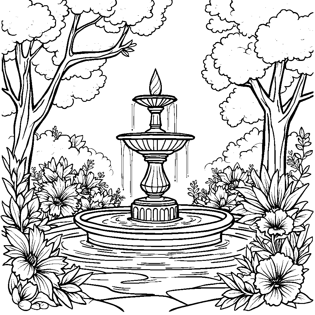 A garden with a magical, sparkling fountain