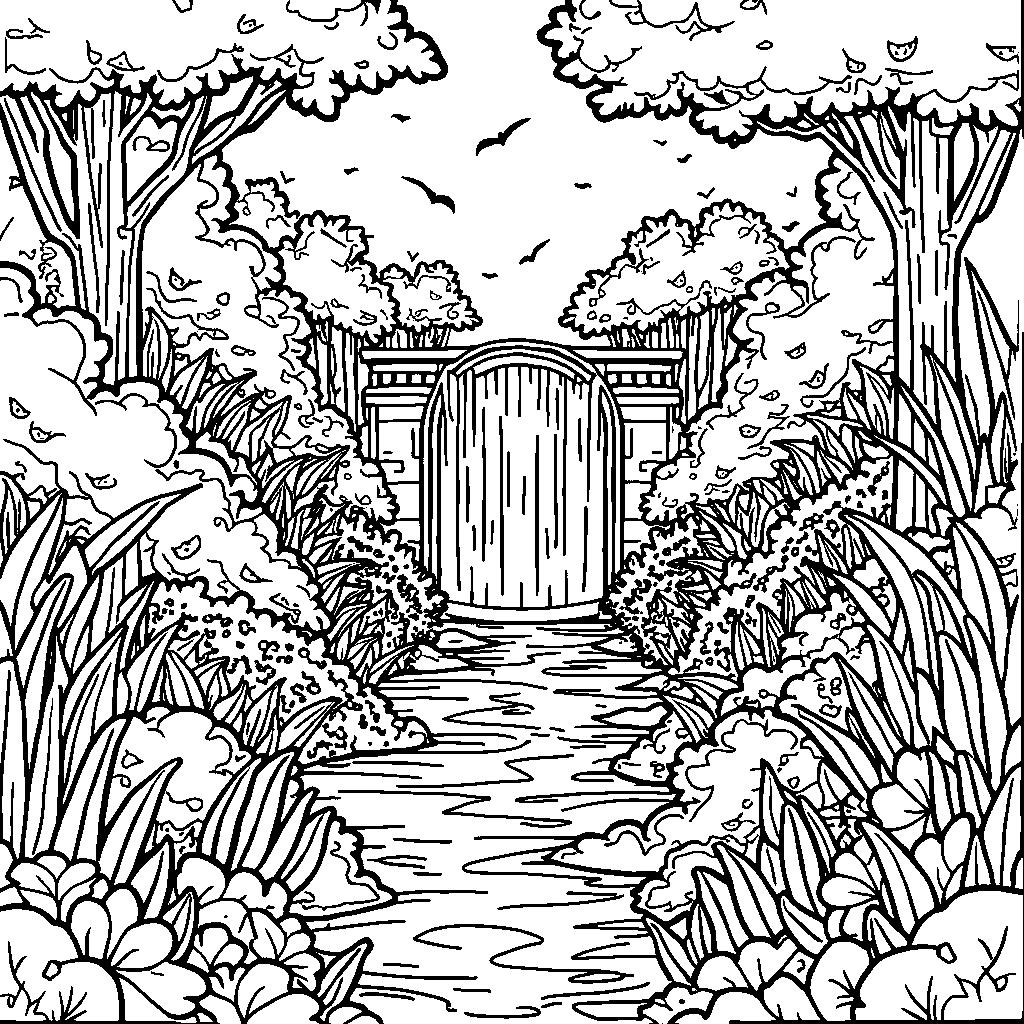 A garden with a secret passageway behind a waterfall