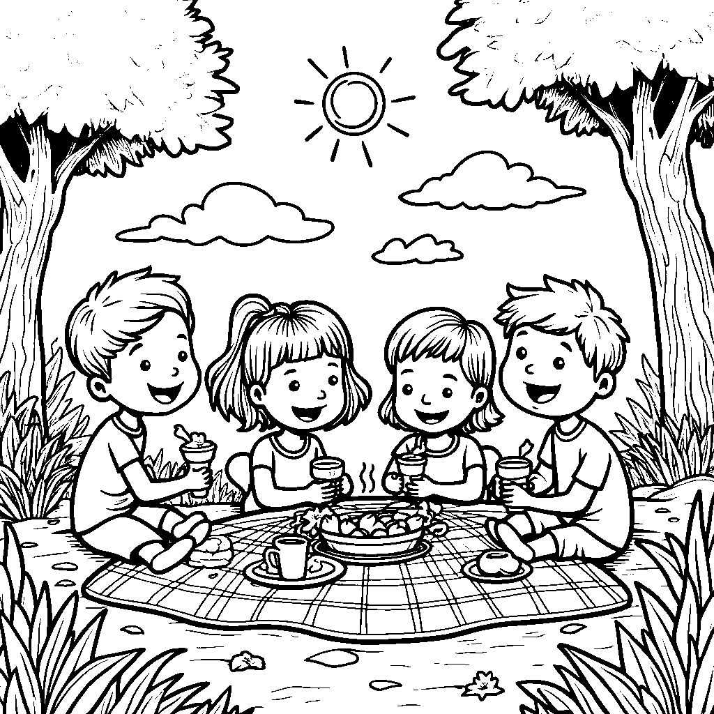 A group of kids having a picnic in a garden