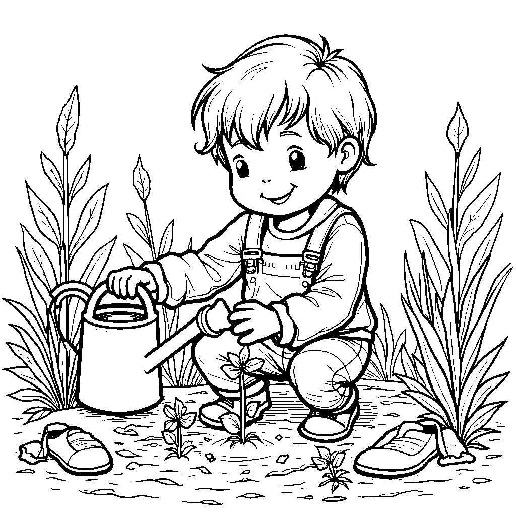 A little boy or girl planting a seedling in the ground