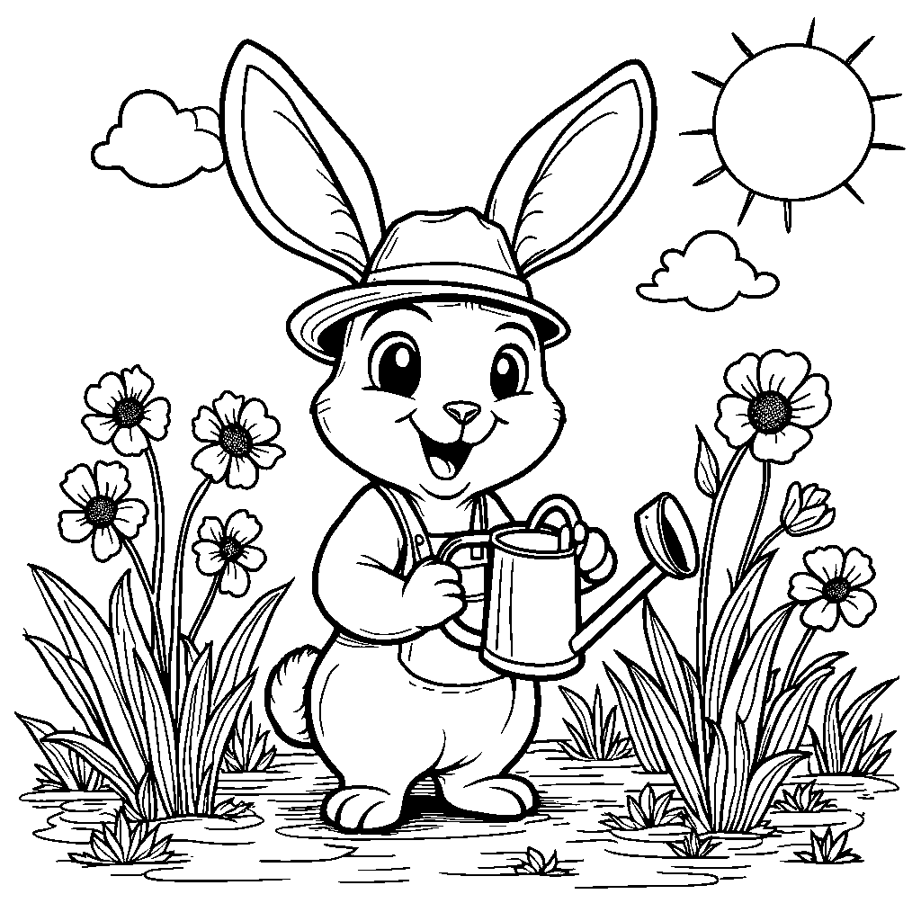 A happy rabbit watering a bed of vibrant flowers