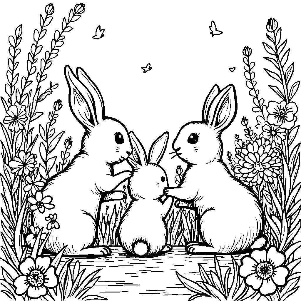 A family of rabbits playing hide-and-seek in Banban's garden