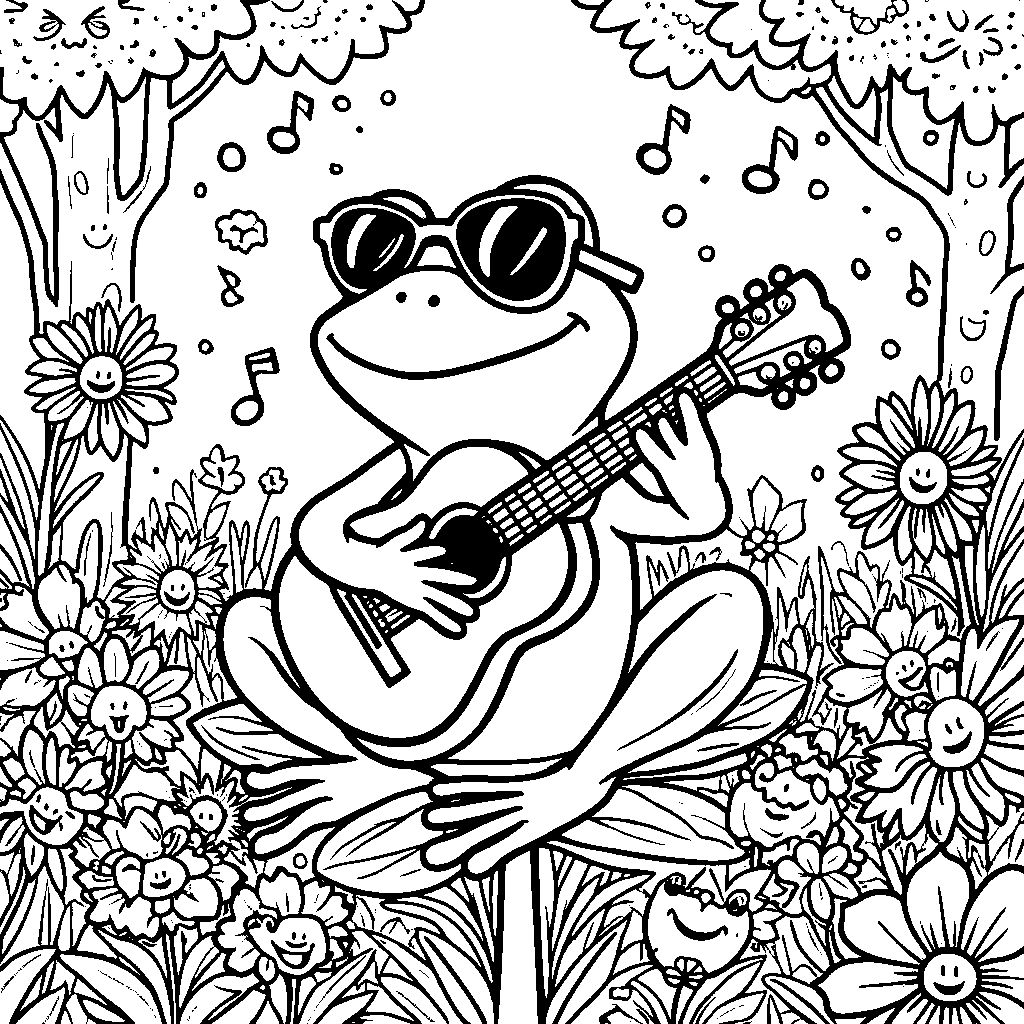 A happy frog playing a guitar in Banban's garden