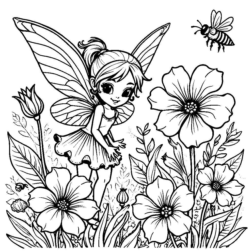 A tiny fairy hiding behind a petunia in Banban's garden