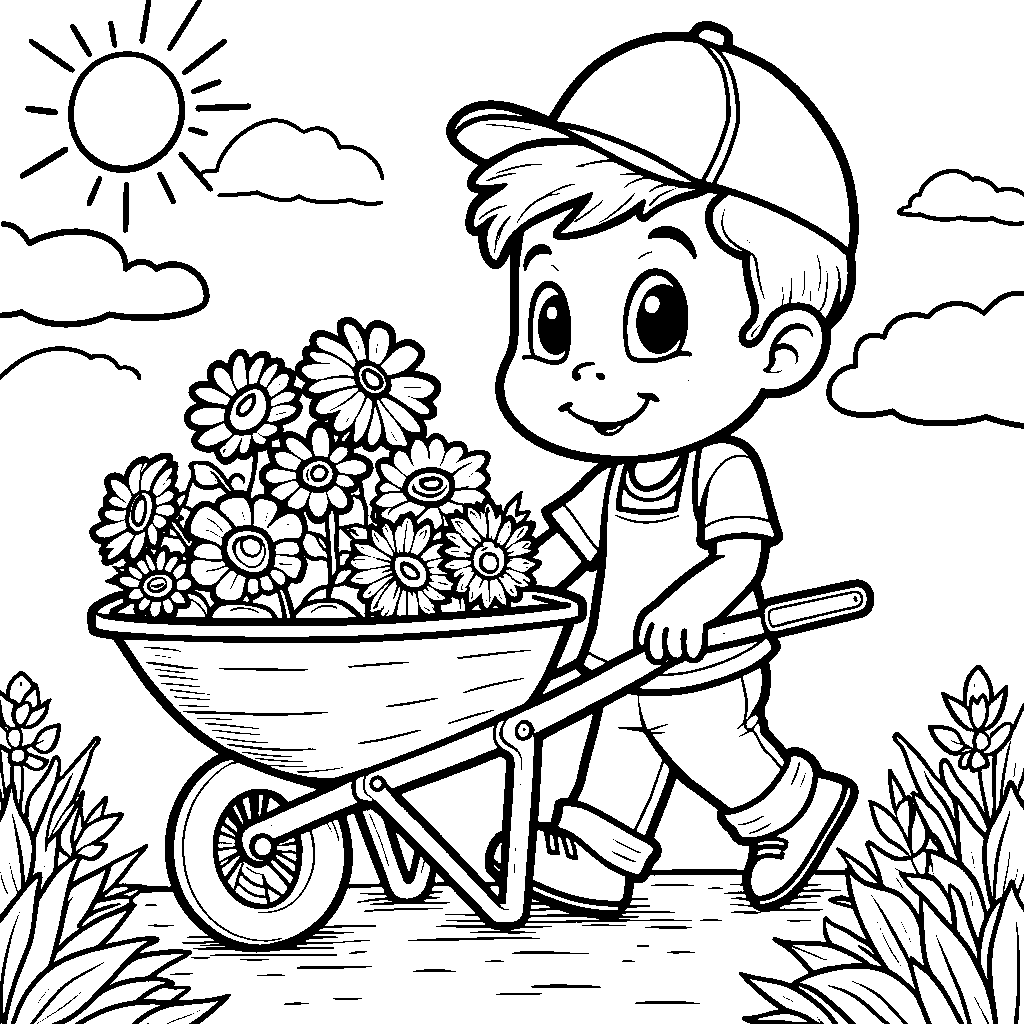 Banban pushing a wheelbarrow full of colorful flowers