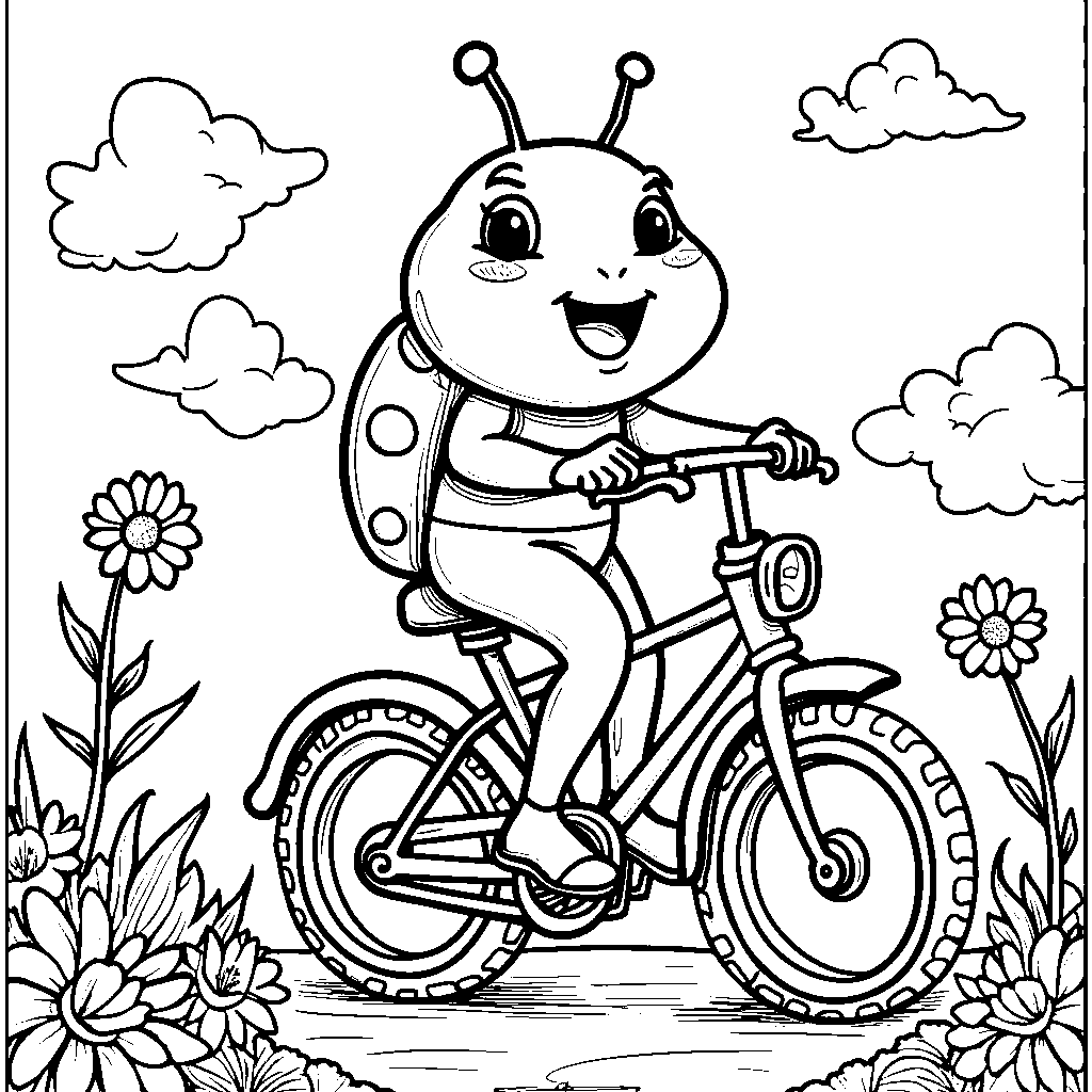 Banban riding a ladybug like a bicycle through the garden