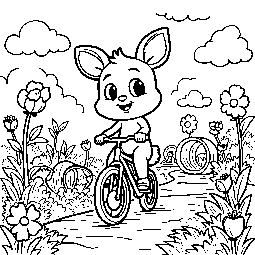 Banban riding a unicycle through a garden obstacle course