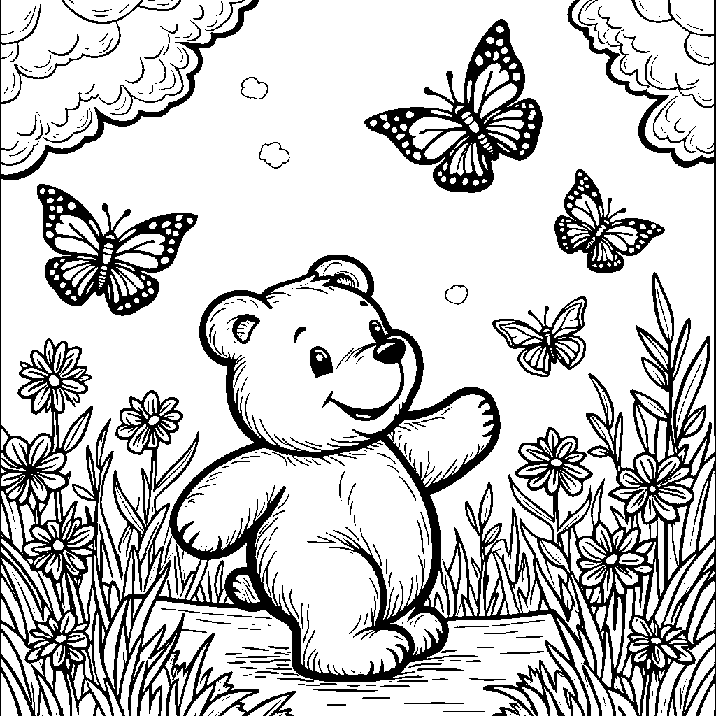 Banban the bear playing with butterflies in a garden