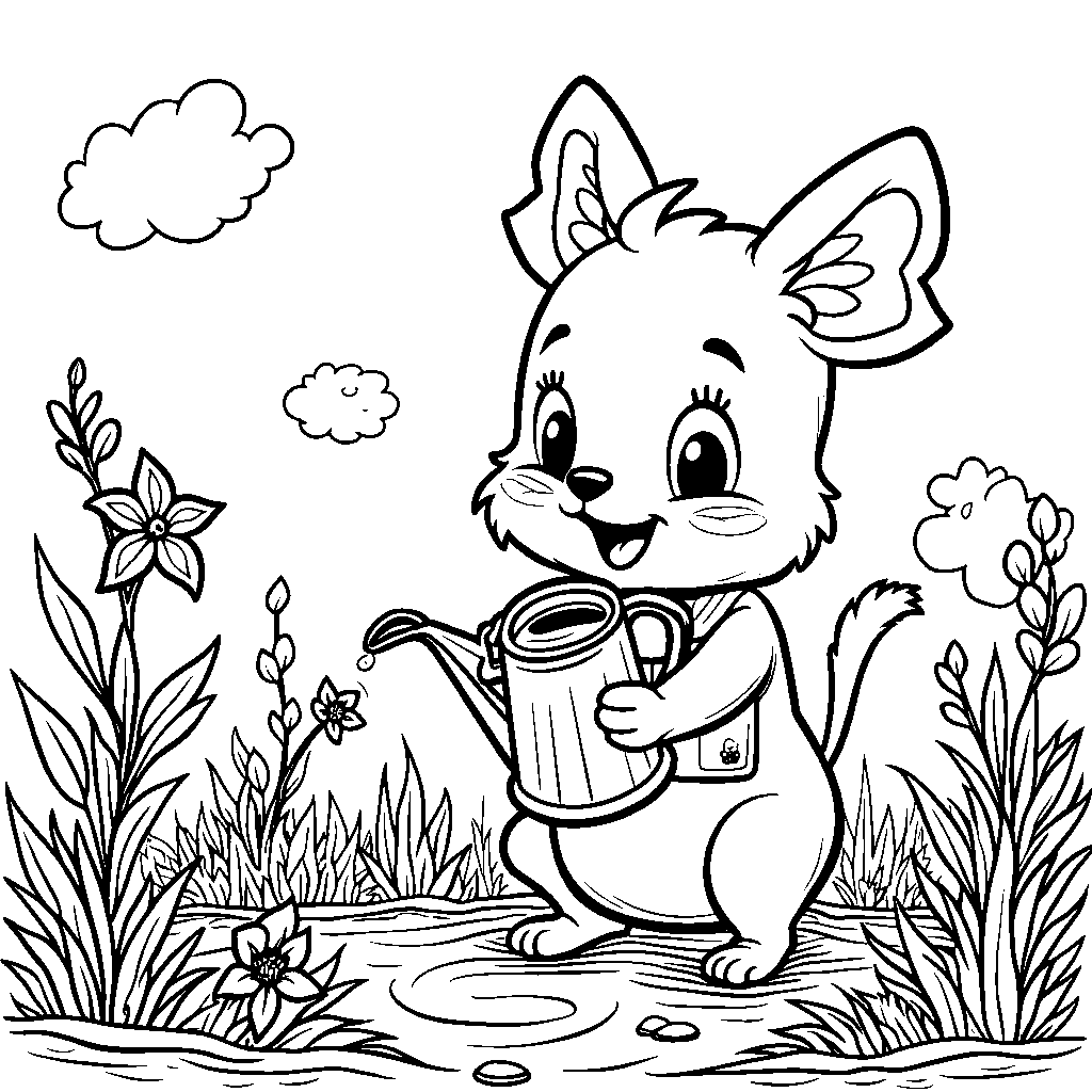 Banban watering a tiny seedling with a miniature watering can