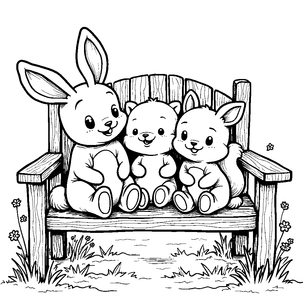 Banban's garden bench filled with cuddly animal friends