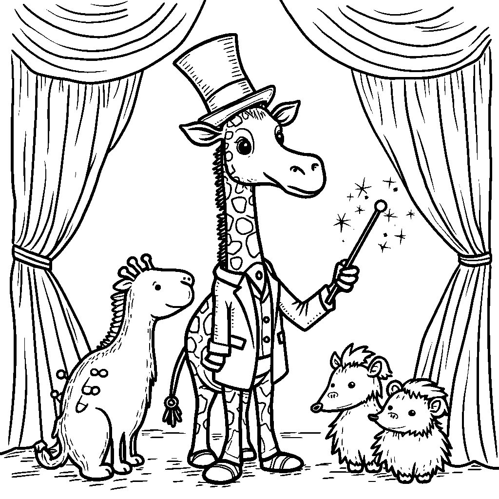 Giraffe as a magician, making animals appear