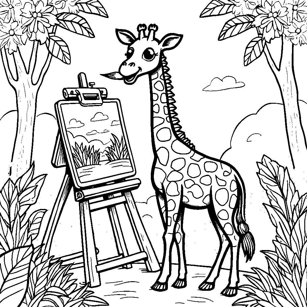 Giraffe as a painter, creating masterpieces in the jungle