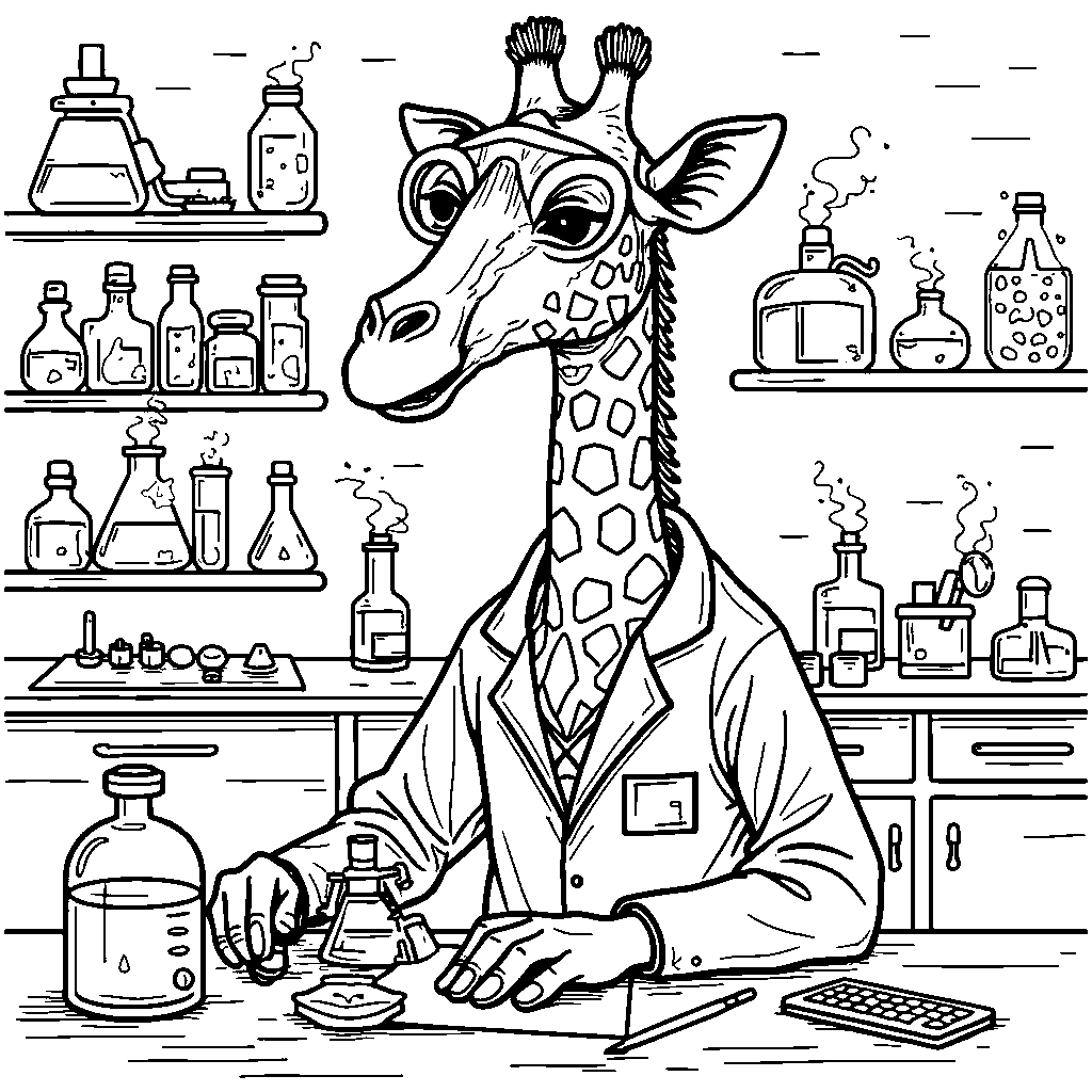 Giraffe as a scientist, conducting cool experiments