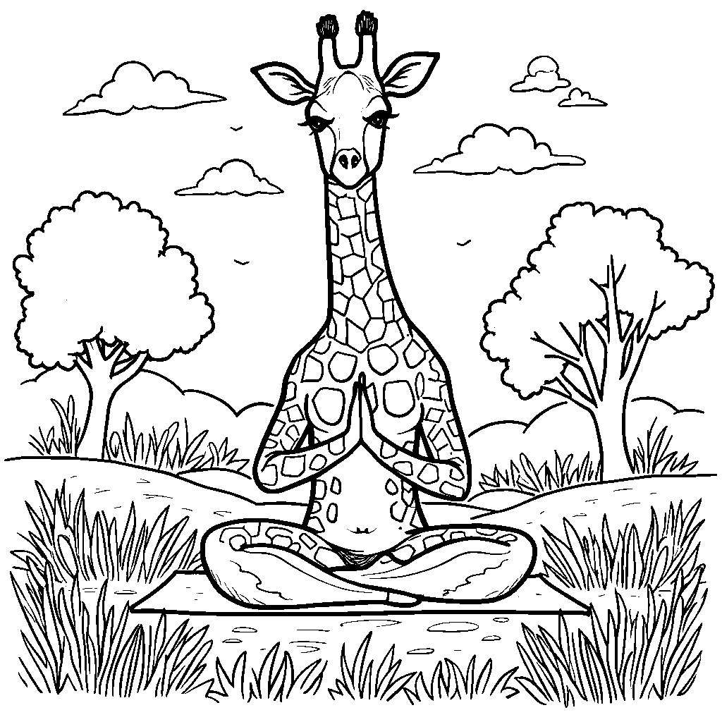 Giraffe doing yoga poses in a peaceful meadow