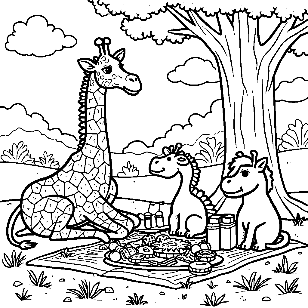 Giraffe enjoying a picnic with friends under a shady tree